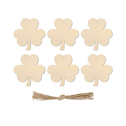 20pcs Shamrock Wood Cutouts DIY Craft Embellishments Clover Unfinished Wood Gift Tags Ornaments for St. Patrick's Irish Party Decoration