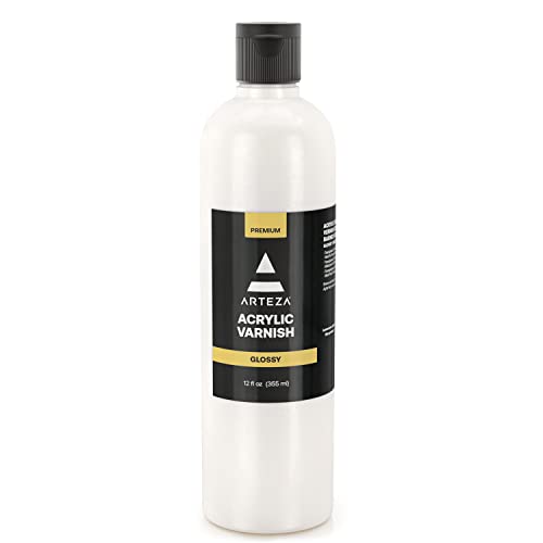 ARTEZA Glossy Acrylic Varnish 12oz/355ml, UV-Protective, Clear Finish for Canvas, Wood & More - Protect Against Dust, Dirt and Scratches - WoodArtSupply