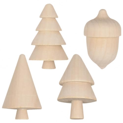 ABOOFAN Unfinished Wooden Figurines 3pcs Mini Wooden Christmas Tree and 1pc Unfinished Wood Acorn Unpainted Blank Figurines Wood Trees Peg People for