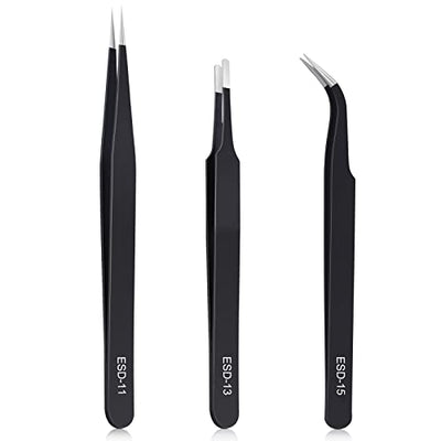 kaverme 3PCS Precision Tweezers Set, Upgraded Anti-Static Stainless Steel of Tweezers, for Electronics, Soldering, Laboratory Work, Jewelry-Making,