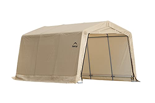 ShelterLogic 10' x 15' x 8' Peak Style Roof Instant Garage Carport Car Canopy with Steel Frame and Waterproof UV-Treated Cover, Sandstone ShelterLogic