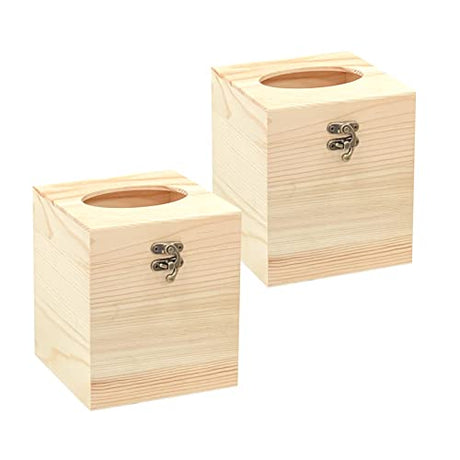 2 Pack Unfinished Wooden Tissue Box Cover for Crafts Oval Opening Solid Square Wood Tissue Holder for Home Decor (5.1x5.1x6 in) Cregugua