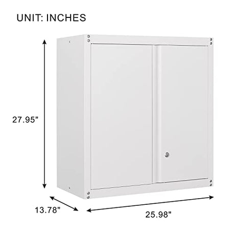 GREATMEET Metal Wall Storage Cabinet with Lock,White Wall Mount Metal Storage Cabinets with 1 Adjustable Shelf and 2 Doors, Steel Cabinet for Garage, GREATMEET