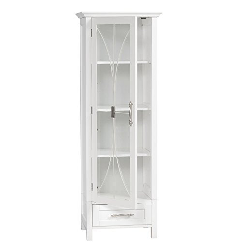 Teamson Home Delaney Linen Tower Tall Narrow Skinny Bathroom Storage Space Saver with 1 Glass Panel Door 3 Adjustable Shelves 1 Drawer, White