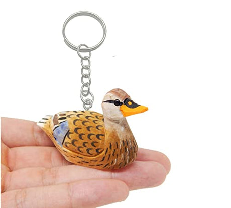 Selsela Female Mallard Duck Bird Keychain Ring Clip Charm Miniature Wood Mini Figurine Small Animal Selsela
