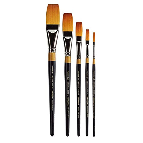 KINGART B-027 Premium 5 pc. Original Gold 9100 Series One Stroke Brush Set, Synthetic Golden Taklon for Acrylic, Oil, Watercolor Paint, Short Handle, KINGART