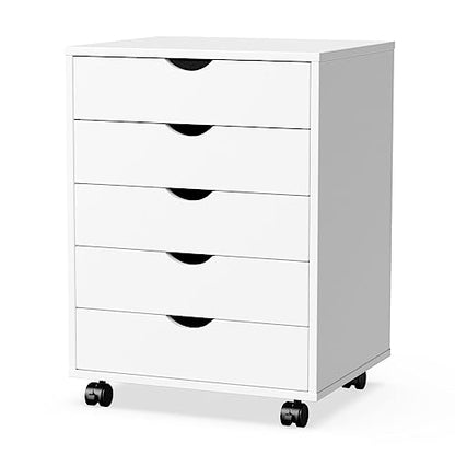 Sweetcrispy 5 Drawer Chest- Dressers Storage Cabinets Wooden Dresser White Mobile Cabinet with Wheels Room Organizer Rolling Small Drawers Wood