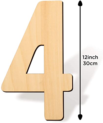 SAVITA 12 Inch Blank Wooden Number 4 Unfinished Wood Slices Sign Board for DIY Craft Projects Home Sign Wall Birthday Wedding Party Decoration (4)