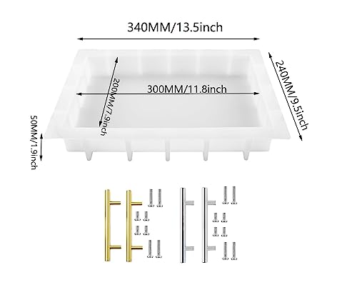 Resin Tray Molds Silicone, 13.5" Large Rectangle Deep Tray Resin Mold & Gold and Silver Handle, Shiny Silicone Tray Board Table Mold for Resin, ModWgGuo
