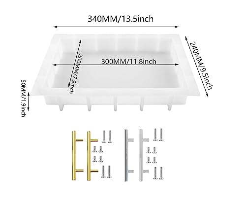 Resin Tray Molds Silicone, 13.5" Large Rectangle Deep Tray Resin Mold & Gold and Silver Handle, Shiny Silicone Tray Board Table Mold for Resin,