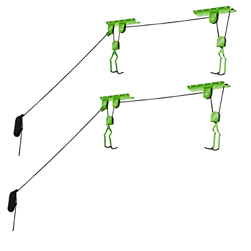 Bike Hanger Set - Set of 2 Overhead Pulley System Bike Hangers for Garage or Shed with 100lb Capacity for Bicycles or Ladders by Rad Sportz (Green) Bike Lane