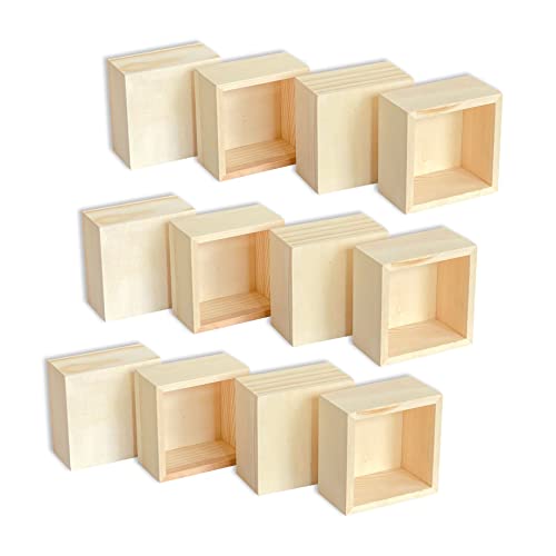 12-Pack Square Wood Box Unfinished Small Wooden Boxes for Crafts (Outer 3.7X 3.7X 2 in,Interior 3.2 x 3.2 x1.9 in)