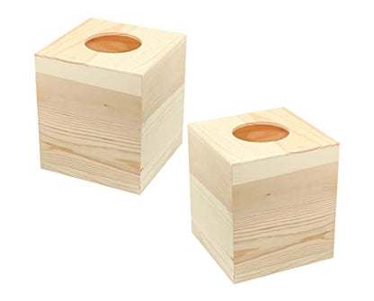 2-Pack Wooden Square Tissue Box Cover for Crafts (5.1x5.1x6 in) Unfinished Wood Tissue Holder for Homemade Project