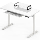 SHW 48-Inch Glass Electric Height Adjustable Desk with Monitor Riser and Drawer, White SHW