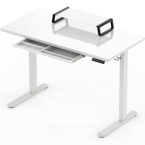 SHW 48-Inch Glass Electric Height Adjustable Desk with Monitor Riser and Drawer, White - WoodArtSupply