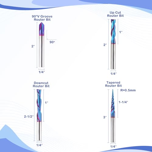HQMaster CNC Router Bits 4pcs 1/4 Inch Shank Carving Bit Set for Wood Detail Profile V Groove Engraving Solid Carbide CNC Router Bit Collection HQMaster