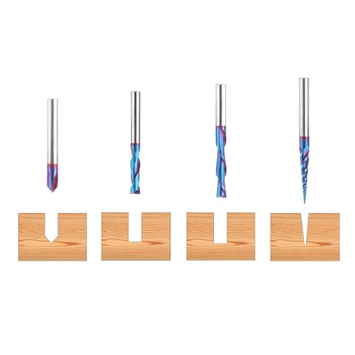 HQMaster CNC Router Bits 4pcs 1/4 Inch Shank Carving Bit Set for Wood Detail Profile V Groove Engraving Solid Carbide CNC Router Bit Collection HQMaster