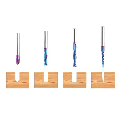 HQMaster CNC Router Bits 4pcs 1/4 Inch Shank Carving Bit Set for Wood Detail Profile V Groove Engraving Solid Carbide CNC Router Bit Collection