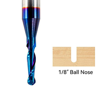 CNC Router Bits 1/4inch Shank 1/8inch Cutting Dia Carbide Ball Nose End Mill with Nano Blue Coating for Side Milling End Milling, Finish Machining