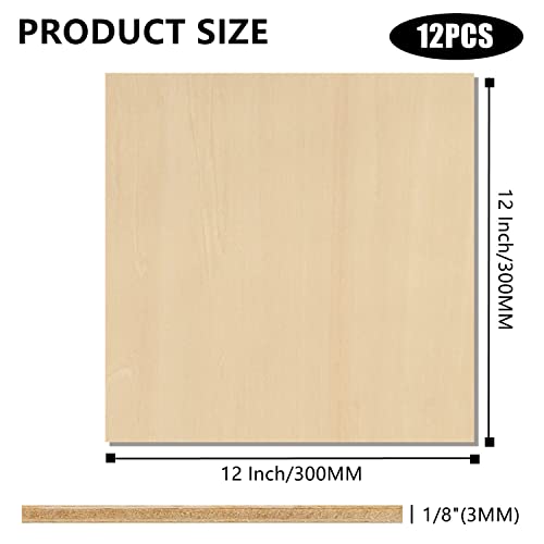 RHBLME 12 PCS Baltic Birch Plywood 1/8, 12 x 12 Inch Basswood Sheets for Crafts, Unfinished Wood Thin Wood Board, Square Plywood Boards for Crafts
