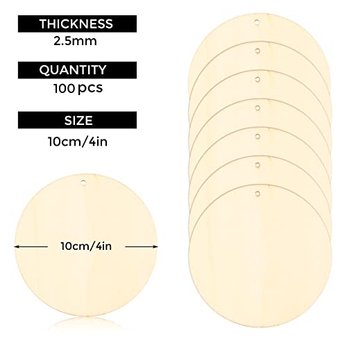 FSWCCK 100 Pcs 4 Inch Unfinished Wood Circles Rounds with Holes, Wood Round Disc Cutouts, Blank Round Wood Circles for DIY Crafts, Painting, FSWCCK