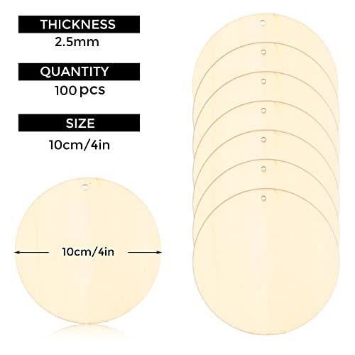 FSWCCK 100 Pcs 4 Inch Unfinished Wood Circles Rounds with Holes, Wood Round Disc Cutouts, Blank Round Wood Circles for DIY Crafts, Painting,