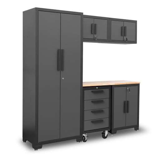 Torin AGP0112B Garage Cabinet Storage System with Lockers,Shelves and Wood Workbench, 76.8" L×18.5" W×75.79" H, Black/Grey Torin