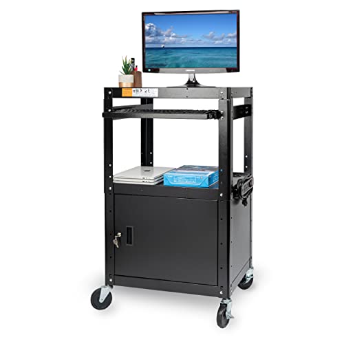 Metateel Steel Large AV Cart with Extra Storage - Adjustable Height Cart with Locking Cabinet, Pullout Tray, Power Strip, and Cord Management - Holds - WoodArtSupply