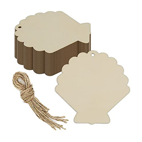 JANOU 20pcs Shell Shape Unfinished Wood Cutouts DIY Crafts Blank Hanging Gift Tags Ornaments with Ropes for Summer Ocean Sea Theme Party Decoration, JANOU