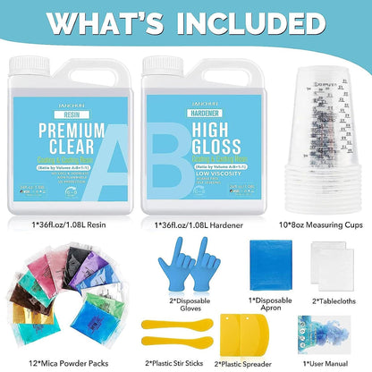 72Oz Premium Clear Epoxy Resin Kit Casting and Coating for River Table Tops, Art Resin,Jewelry Projects, Diy,Tumblers, Molds, Art Painting with 12 Mica Powders, 10×8Oz Clear Measuring Cup and More - WoodArtSupply