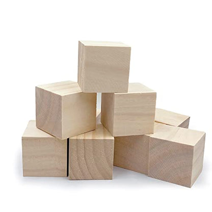 Wood Blocks for Crafts, Unfinished Wood Cubes, 2 Inch Natural Wooden Blocks, Pack of 8 Wood Square Blocks, Wooden Cubes for Arts and Crafts and DIY