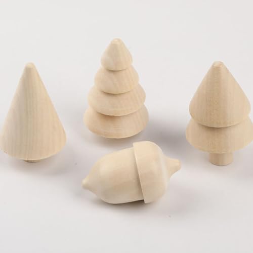 ABOOFAN Unfinished Wooden Figurines 3pcs Mini Wooden Christmas Tree and 1pc Unfinished Wood Acorn Unpainted Blank Figurines Wood Trees Peg People for ABOOFAN