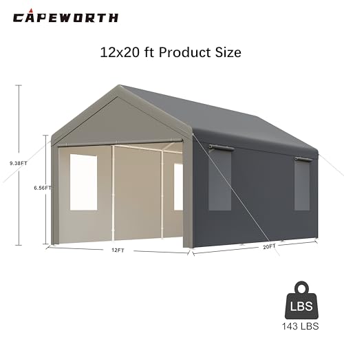 CAPEWORTH Carport,12x20 Heavy Duty Carports, Canopy, Garage, Metal Shed, with 4 Roll-up Ventilated Windows, Outdoor, Storage, Car, Boat,12x20 Grey - WoodArtSupply