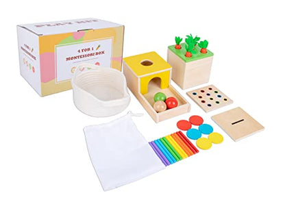 Montessori Toys for 1+ Year Old Baby Gifts,Play Kit Box Includes Carrot Harvest Games,Infant Coin Box,Fine Motor Skills Toys and Object Permanence - WoodArtSupply