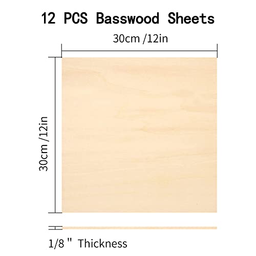 12Pack Basswood Sheets 1/8 Inch, 3mm Plywood Sheets 11.8 x 11.8 Inch Unfinished Squares Wood Boards for Laser Cutting Crafts DIY Architectural Models GRRONZEE