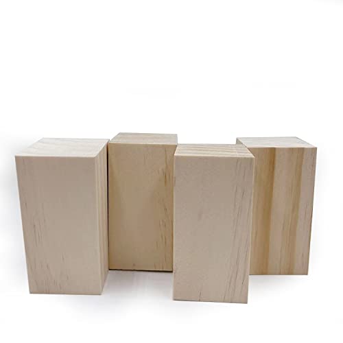 4 Inch Wood for Carving, 4 PCS Unfinished Wood Craft Cubes, Rectangular Wooden Blocks for DIY Carving, Large Unfinished Whittling Wood Blank Blocks