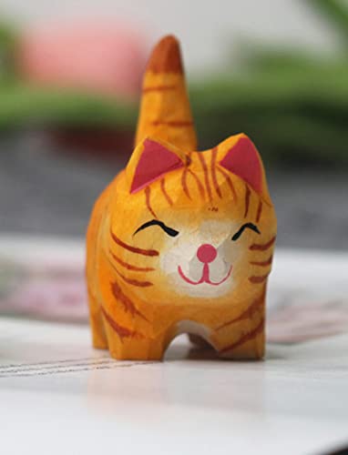 Wooden Cat Figurine - Small 1.85", Hand-Made, Carving, Decoration, Decoy, Small Animals, Cat Lover (Orange Cat) - WoodArtSupply