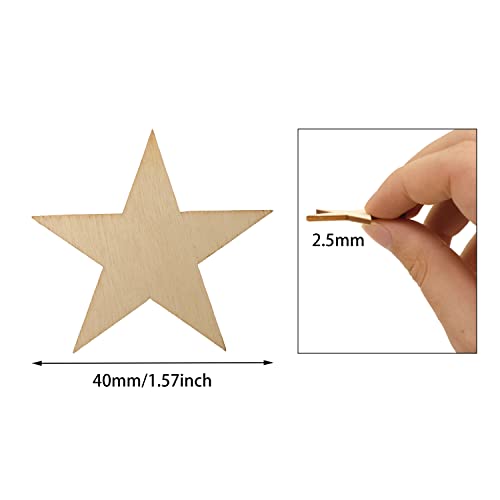 yueton 100PCS 40mm/1.57inch Unfinished Blank Star Wood Pieces Wood Slices Wood Chips Wooden Star Embellishments Christmas Tree Star Cutouts Ornaments