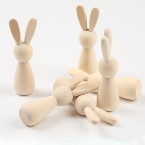 VOSAREA 6pcs Unfinished Wooden Bunny DIY Blank Wood Rabbit Peg Dolls Natural Wooden Bunny Figures for Party DIY Painting Decorations VOSAREA