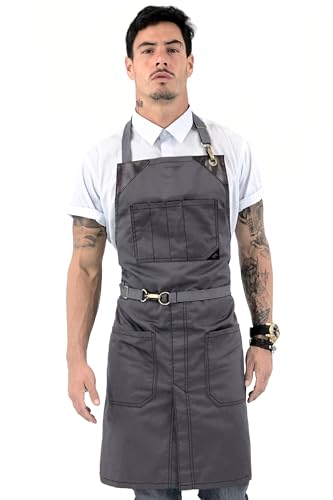 Under NY Sky No-Tie Armor Gray Apron – Durable Twill with Leather Reinforcement, Split-Leg – Adjustable for Men and Women – Pro Barber, Tattoo, Under NY Sky