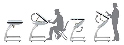 SD STUDIO DESIGNS Triflex Drawing Table, Sit to Stand Up Adjustable Office Home Computer Desk, 35.25" W X 23.5" D, Silver/Blue Glass SD STUDIO DESIGNS