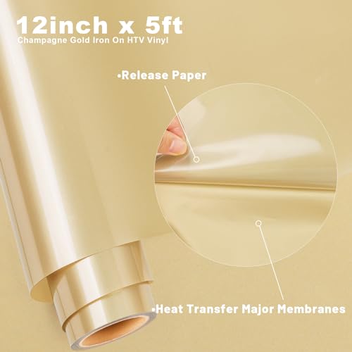 GIRAFVINYL Champagne Gold Heat Transfer Vinyl for cricut 12'' x5 FT Champagne Gold HTV Iron on Vinyl for T-Shirts, Hats, Clothing,Compatible with GIRAFVINYL
