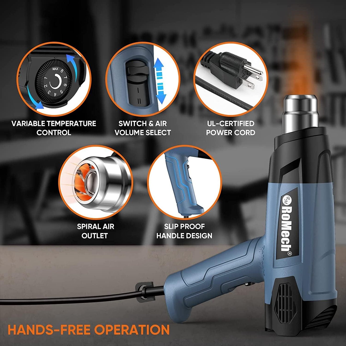 Heat Gun 1500W Variable Temperature Control with 2 Air Volume Setting Heavy Duty Hot Air Gun Kit 120°F~1200°F (50°C~650°C) with 4 Nozzles for Crafts Shrink Wrap (Blue) - WoodArtSupply
