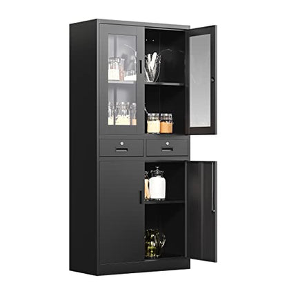 AFAIF Glass Display Cabinet with Drawers, Lockable Metal Storage Cabinets with 2 Adjustable Shelves, 71'' Tall Locking Cabinets Modern Liquor Cabinet