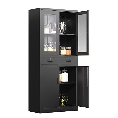 AFAIF Glass Display Cabinet with Drawers, Lockable Metal Storage Cabinets with 2 Adjustable Shelves, 71'' Tall Locking Cabinets Modern Liquor Cabinet - WoodArtSupply