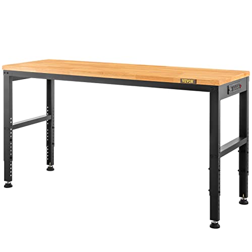 VEVOR 60" Adjustable Workbench, Heavay Duty Workstation 2000 LBS Load Capacity, with Power Outlets & Rubber Wood Top & Metal Frame & Foot Pads, for - WoodArtSupply