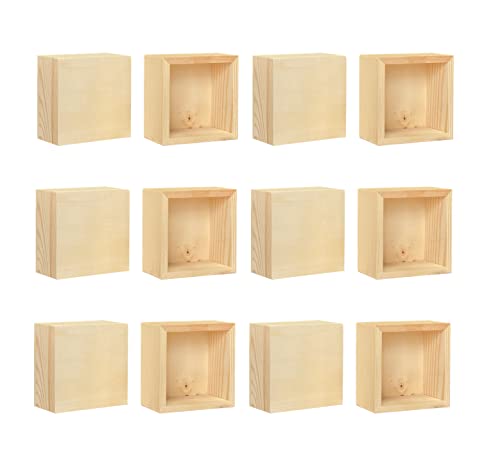 12-Pack Square Wood Box Unfinished Small Wooden Boxes for Crafts (Outer 3.7X 3.7X 2 in,Interior 3.2 x 3.2 x1.9 in)