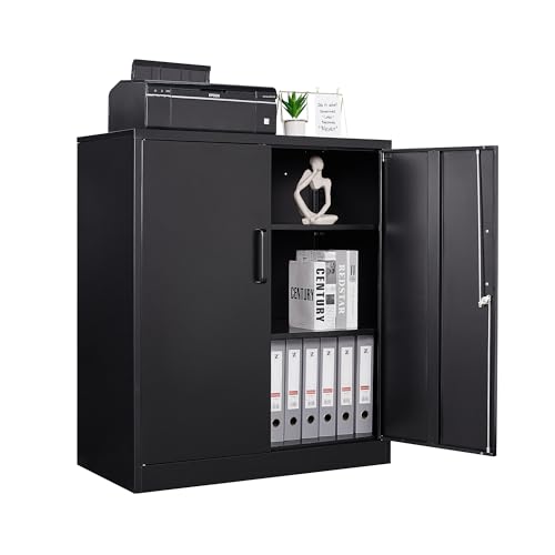 STANI Metal Storage Cabinet with 2 Adjustable Shelves, Steel Counter Cabinet with Lockable Doors for Home Office (Black) STANI