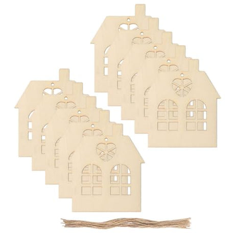 Tofficu 10Pcs House Wood Cutouts Wooden House Shaped Craft Shapes Unfinished Wood Embellishment Slices Hanging Ornaments with Ropes Gift Tags for DIY Tofficu