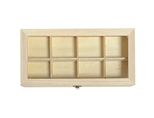 Cregugua 2 Pack Unfinished Wooden Box with Glass Lid, Wood Jewelry Storage Tray Box,8 Compartment Organizer 12.6 x 6.3 x 2.4 In